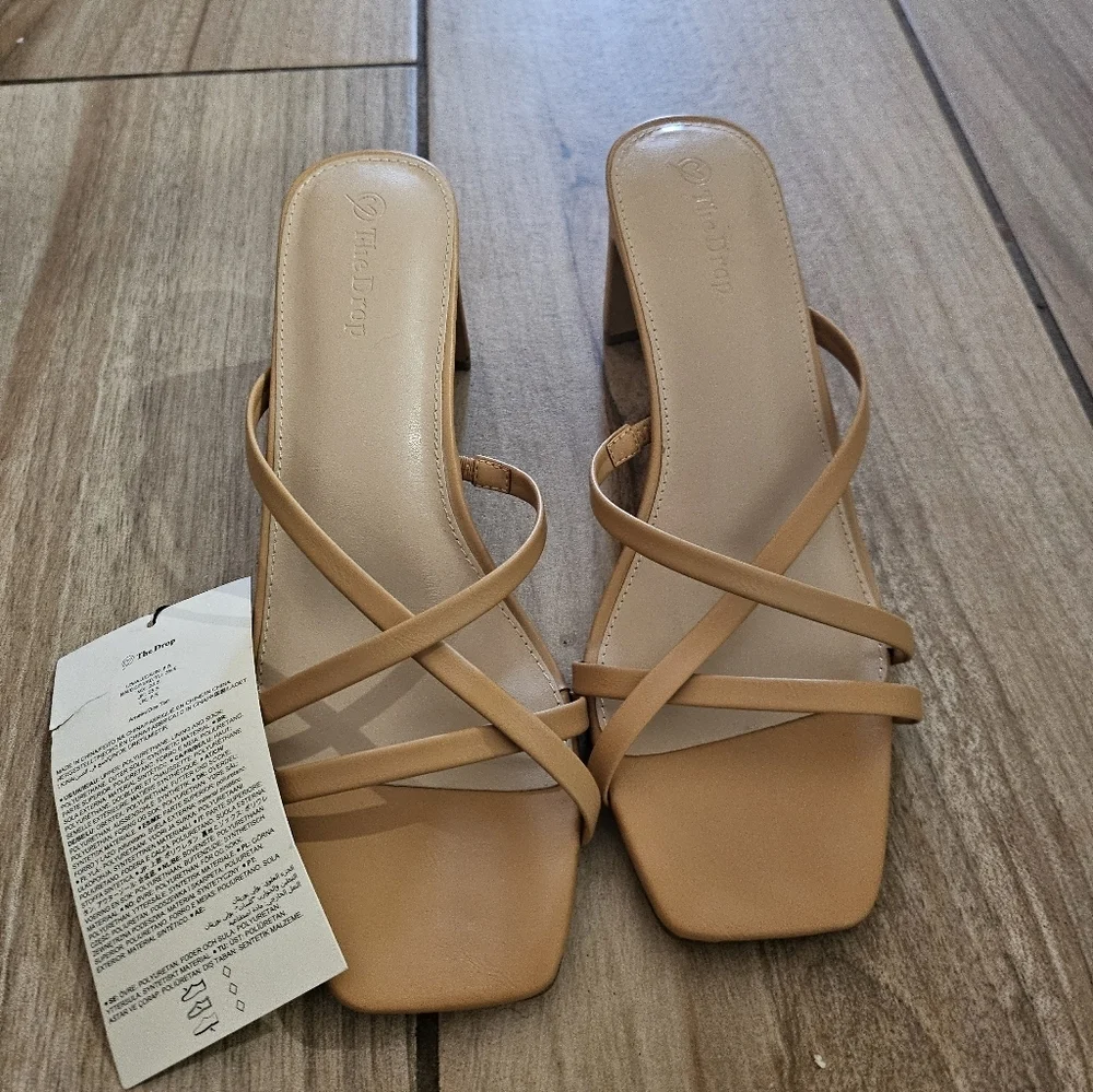 The Drop Amelie Tan Strappy Heeled Sandals Womens 8.5 Square Toe Slip On Nude.